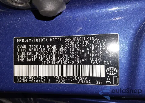 2017 Toyota Corolla Se from USA, damaged, VIN 2T1BURHE1HC845135